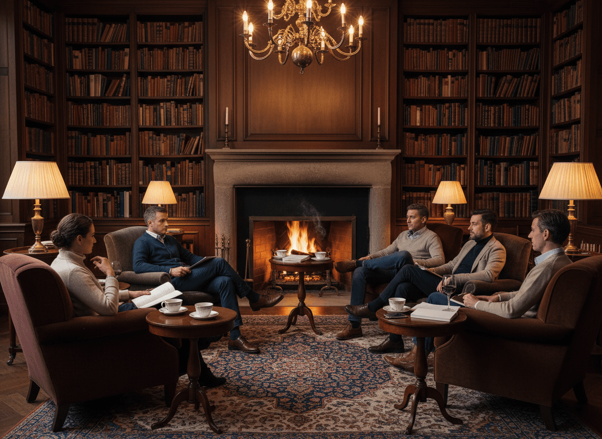 Conversación alrededor de una chimenea y una biblioteca