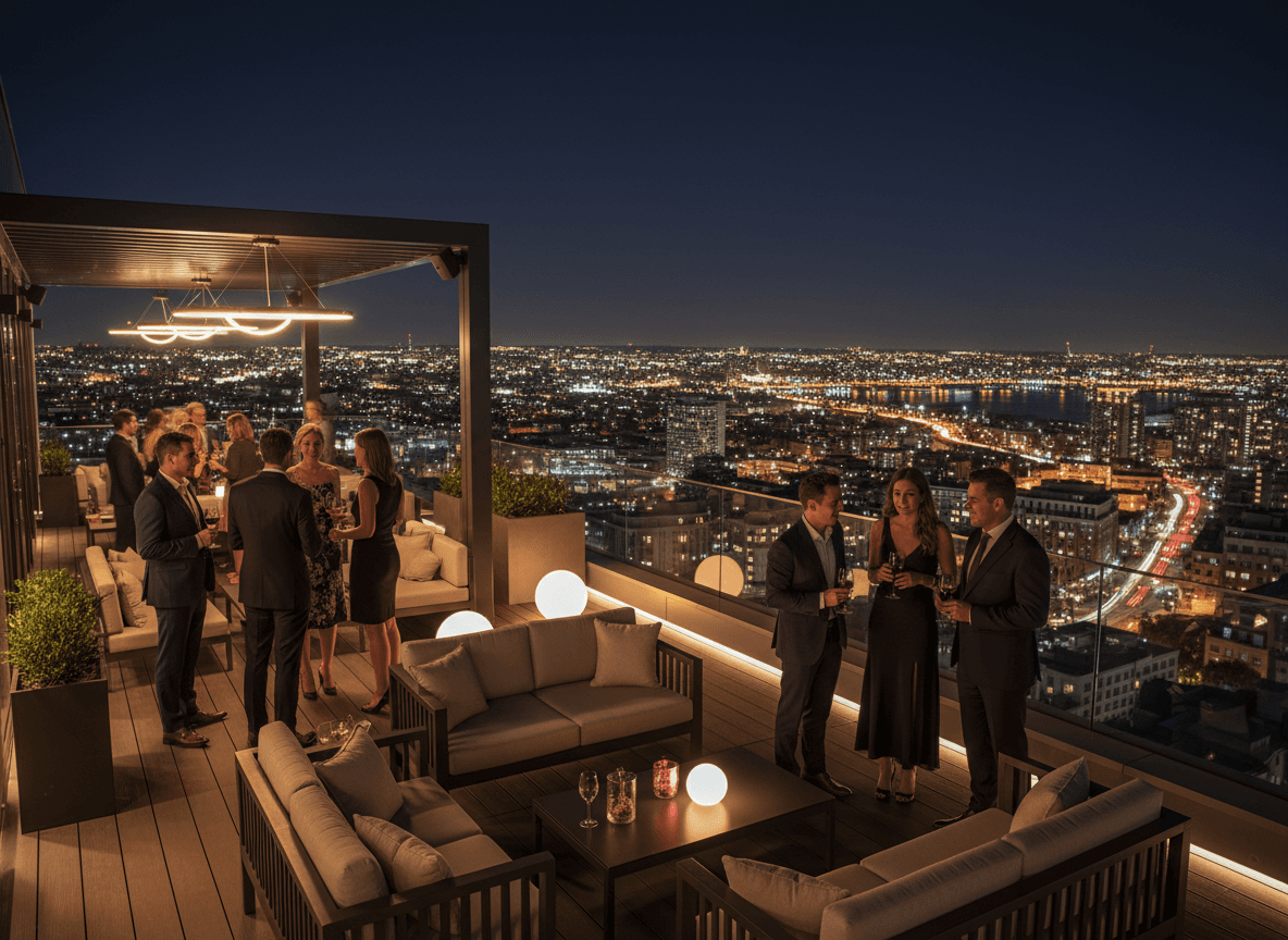 Celebración nocturna en una terraza de la ciudad