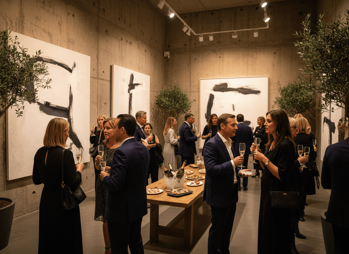 Invitados conversando en una exposición de arte