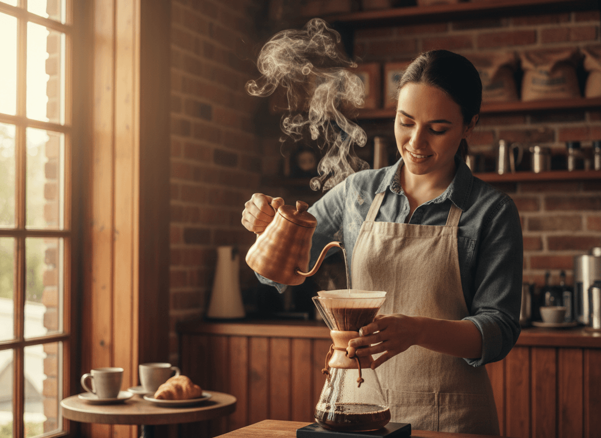 Barista preparando matcha en una cafetería