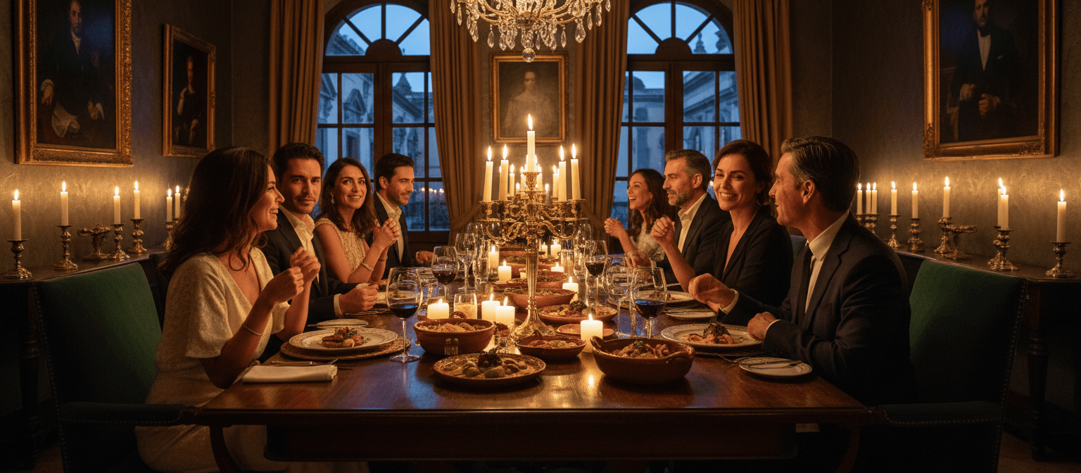 Cena Soire alrededor de una mesa larga iluminada con velas