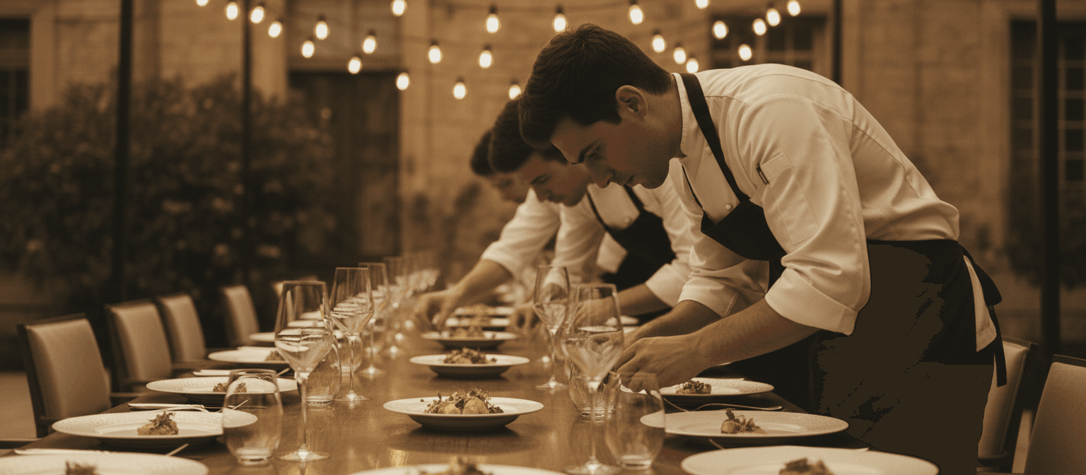 Chefs preparando una mesa larga para una experiencia Soire