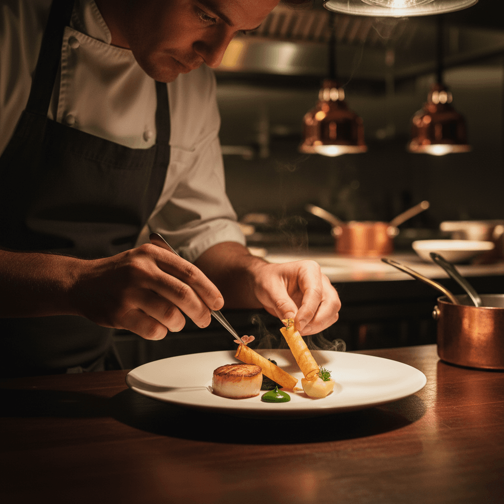 Chef terminando un platillo para una mesa Soire