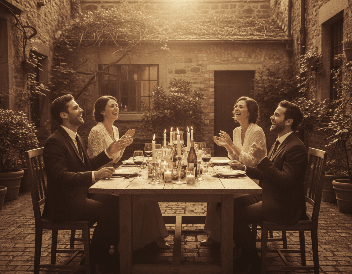 Amigos compartiendo una cena larga en una terraza Soire